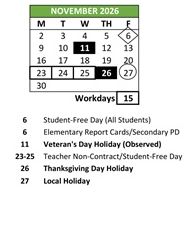 District School Academic Calendar for Johnston (D. D.) Elementary for November 2026