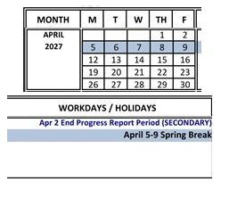 District School Academic Calendar for Marin School Of Arts And Technology for April 2027