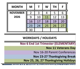 District School Academic Calendar for Marin School Of Arts And Technology for November 2026