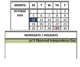 District School Academic Calendar for Marin School Of Arts And Technology for October 2026