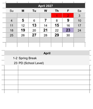 District School Academic Calendar for Project Surpass-day Treatment for April 2027