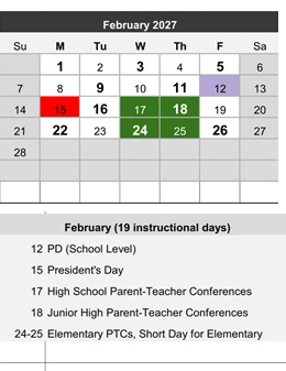 District School Academic Calendar for Project Surpass-day Treatment for February 2027