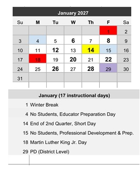 District School Academic Calendar for Project Surpass-day Treatment for January 2027