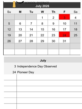 District School Academic Calendar for Project Surpass-day Treatment for July 2026