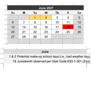 District School Academic Calendar for Project Surpass-day Treatment for June 2027