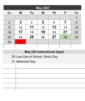 District School Academic Calendar for Project Surpass-day Treatment for May 2027