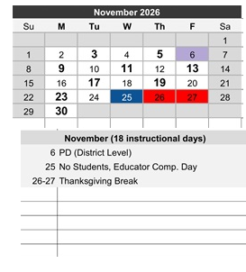 District School Academic Calendar for Project Surpass-day Treatment for November 2026