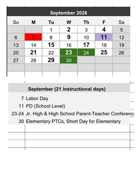 District School Academic Calendar for Project Surpass-day Treatment for September 2026