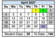 District School Academic Calendar for Corona Elementary for April 2027