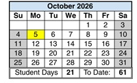 District School Academic Calendar for Corona Elementary for October 2026
