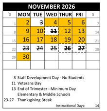 District School Academic Calendar for Canyon Hills Tmr for November 2026