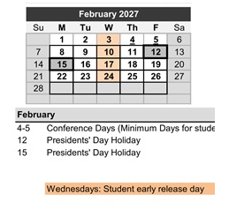 District School Academic Calendar for Elm Street Elementary for February 2027