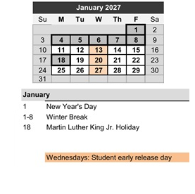 District School Academic Calendar for Elm Street Elementary for January 2027