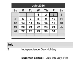 District School Academic Calendar for Elm Street Elementary for July 2026