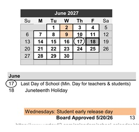 District School Academic Calendar for Elm Street Elementary for June 2027