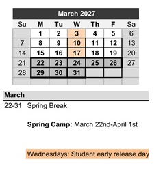 District School Academic Calendar for Elm Street Elementary for March 2027