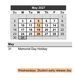 District School Academic Calendar for Elm Street Elementary for May 2027