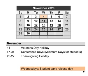 District School Academic Calendar for Elm Street Elementary for November 2026