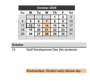 District School Academic Calendar for Elm Street Elementary for October 2026