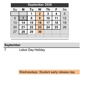 District School Academic Calendar for Elm Street Elementary for September 2026