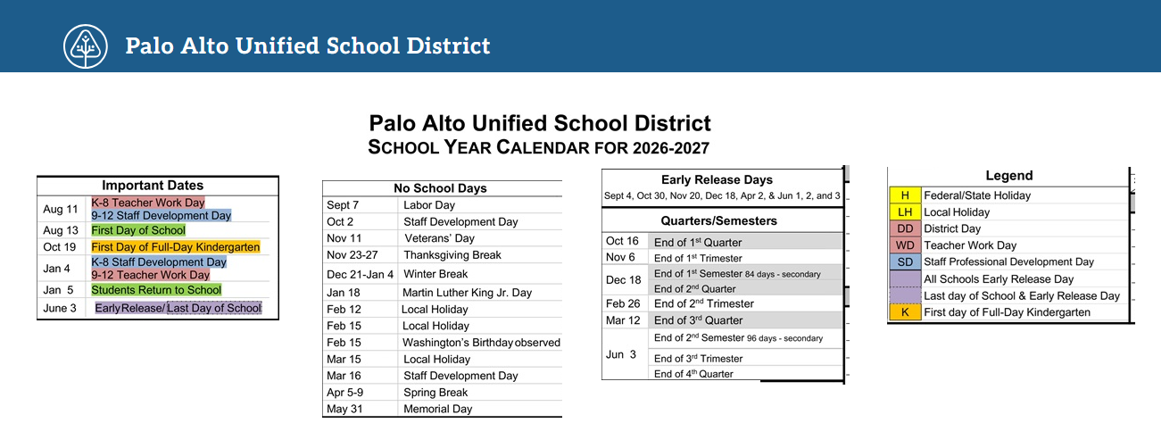 District School Academic Calendar Key for Palo Alto High