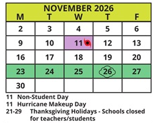District School Academic Calendar for Sutherland Elementary School for November 2026