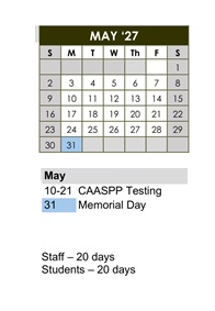 District School Academic Calendar for Las Posas Elementary for May 2027