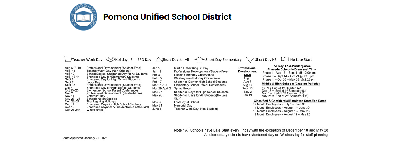 District School Academic Calendar Key for Pomona Alternative (pas)