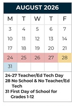 District School Academic Calendar for King Middle School for August 2026