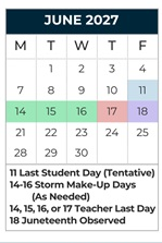 District School Academic Calendar for King Middle School for June 2027