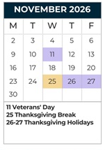 District School Academic Calendar for King Middle School for November 2026