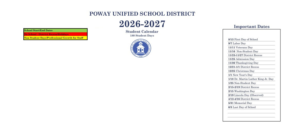 District School Academic Calendar Key for Abraxas Continuation High
