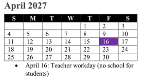 District School Academic Calendar for Rosa Parks Elementary for April 2027