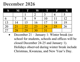District School Academic Calendar for Rosa Parks Elementary for December 2026