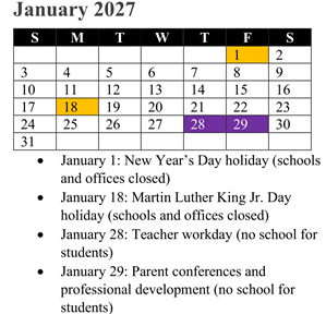 District School Academic Calendar for Rosa Parks Elementary for January 2027