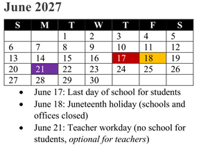 District School Academic Calendar for Rosa Parks Elementary for June 2027