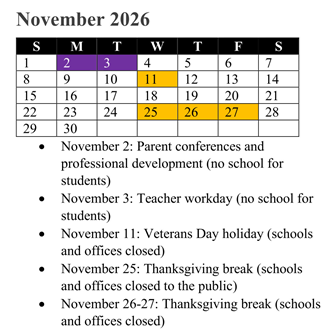 District School Academic Calendar for Rosa Parks Elementary for November 2026