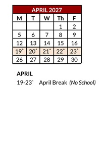 District School Academic Calendar for Adelaide High School for April 2027