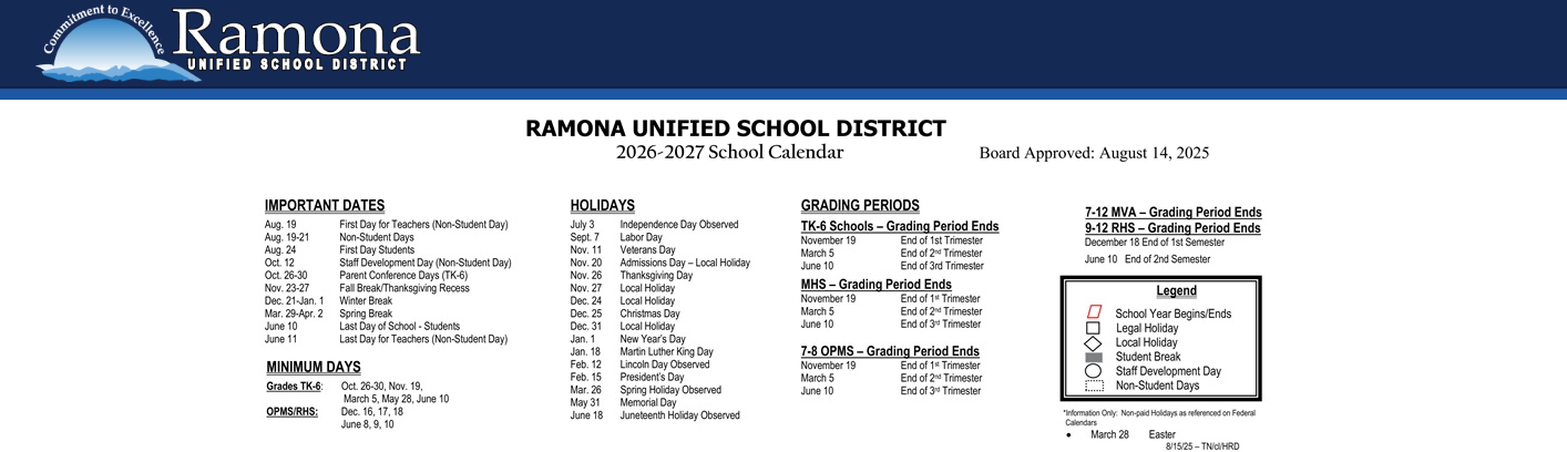 District School Academic Calendar Key for Ramona Community