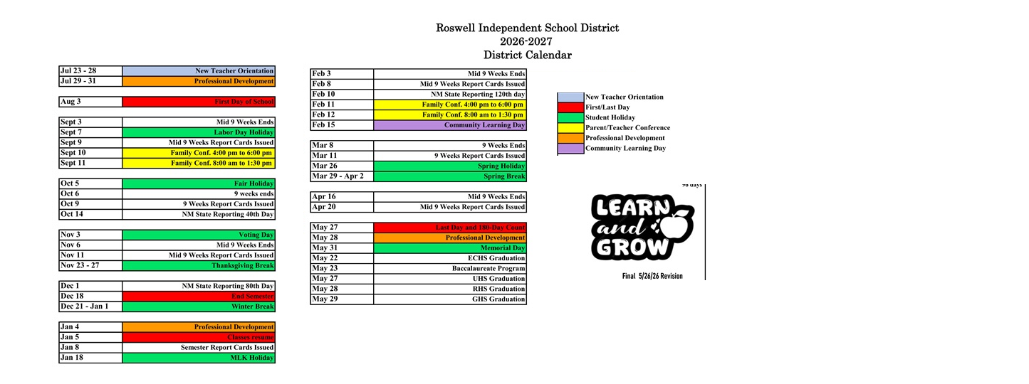 District School Academic Calendar Key for Pecos Elementary