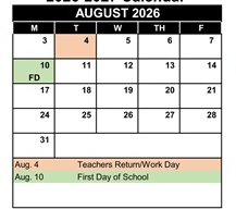 District School Academic Calendar for Killian Elementary for August 2026