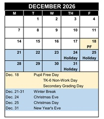 District School Academic Calendar for Killian Elementary for December 2026