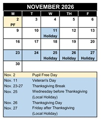 District School Academic Calendar for Killian Elementary for November 2026