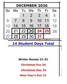 District School Academic Calendar for El Gabilan Elementary for December 2026