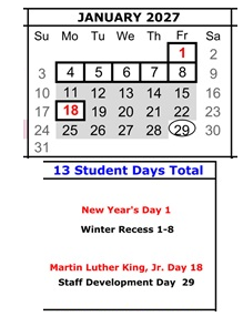 District School Academic Calendar for El Gabilan Elementary for January 2027