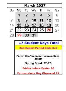 District School Academic Calendar for El Gabilan Elementary for March 2027