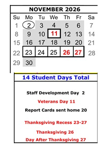 District School Academic Calendar for El Gabilan Elementary for November 2026