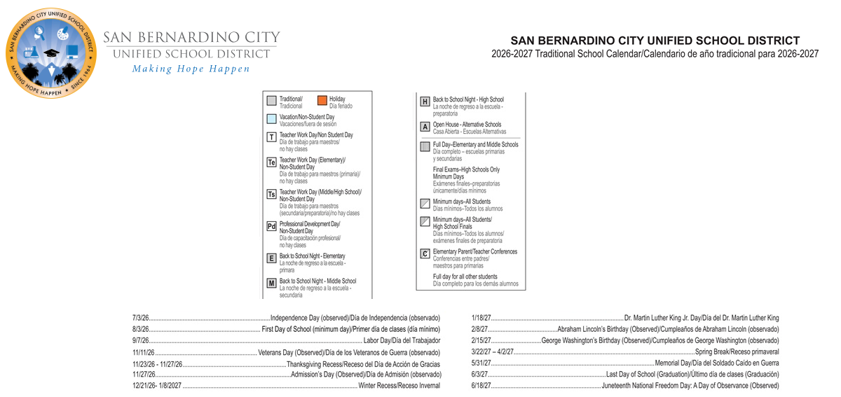 District School Academic Calendar Key for Alternative Learning Center