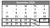 District School Academic Calendar for Edison Elementary for December 2026