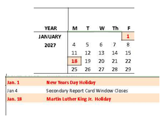 District School Academic Calendar for Doyle Park Elementary for January 2027